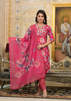 Applique Embroidered & Floral Printed Kurta With Pant & Printed Dupatta, Pink - Hiral Fashion - Distacart