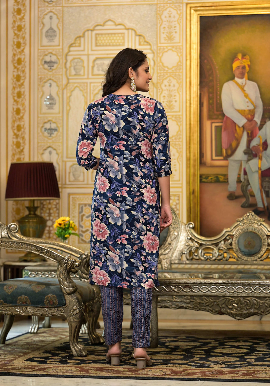 Applique Embroidered & Floral Printed Kurta With Pant & Printed Dupatta, Navy Blue - Hiral Fashion - Distacart