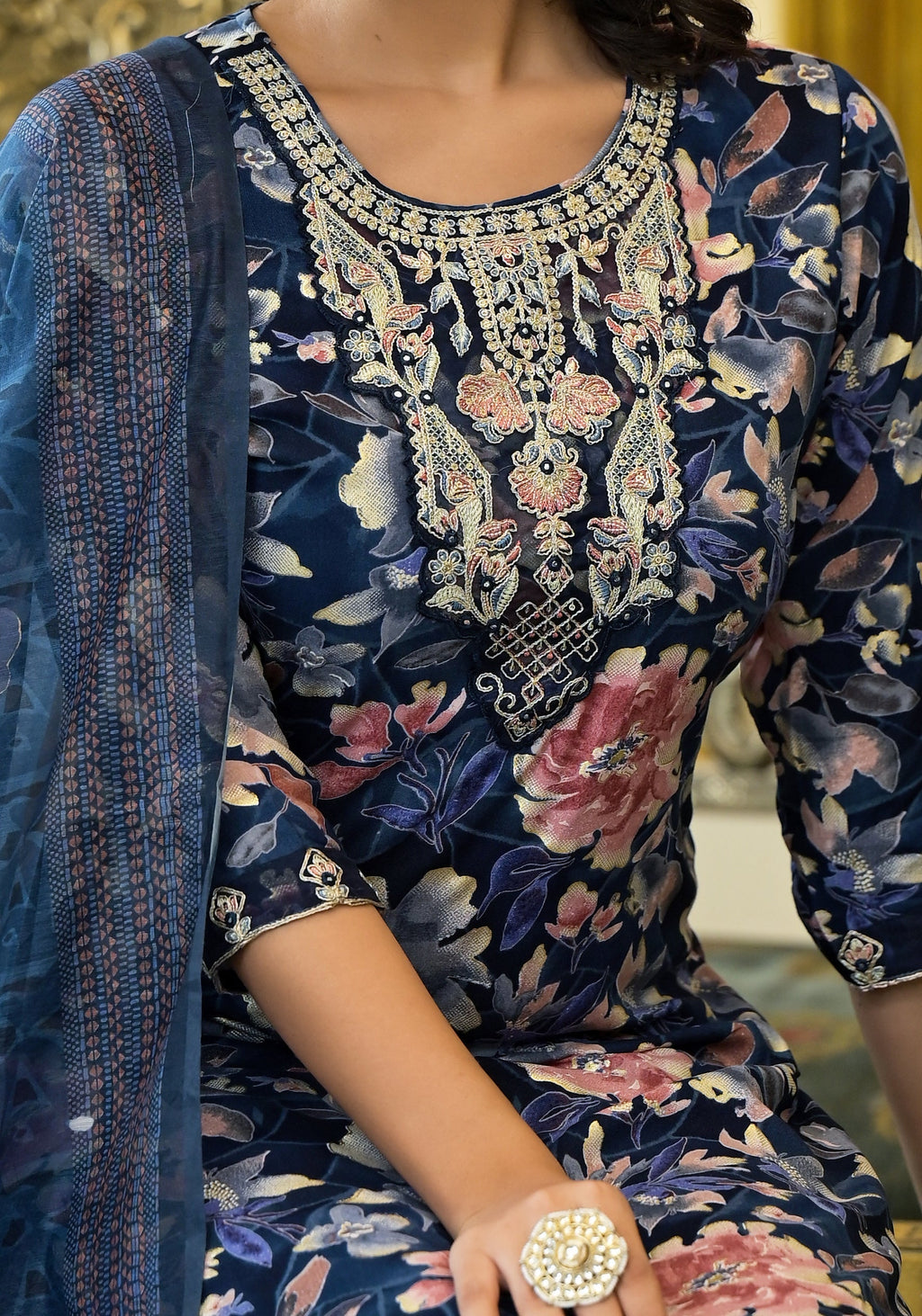 Applique Embroidered & Floral Printed Kurta With Pant & Printed Dupatta, Navy Blue - Hiral Fashion - Distacart