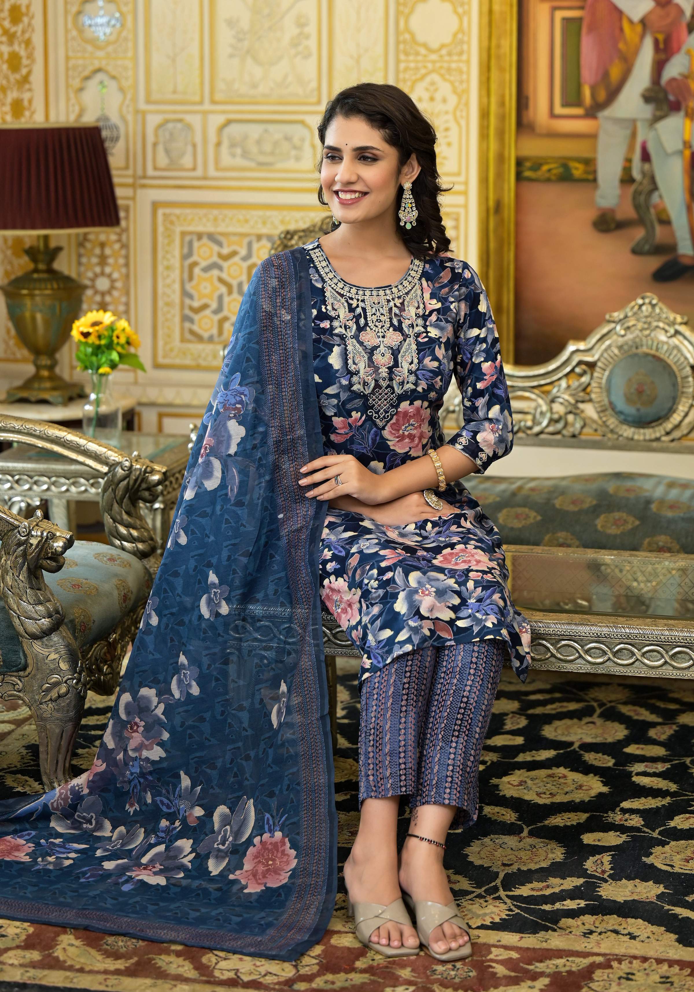 Applique Embroidered & Floral Printed Kurta With Pant & Printed Dupatta, Navy Blue - Hiral Fashion - Distacart