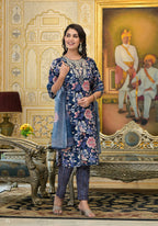 Applique Embroidered & Floral Printed Kurta With Pant & Printed Dupatta, Navy Blue - Hiral Fashion - Distacart