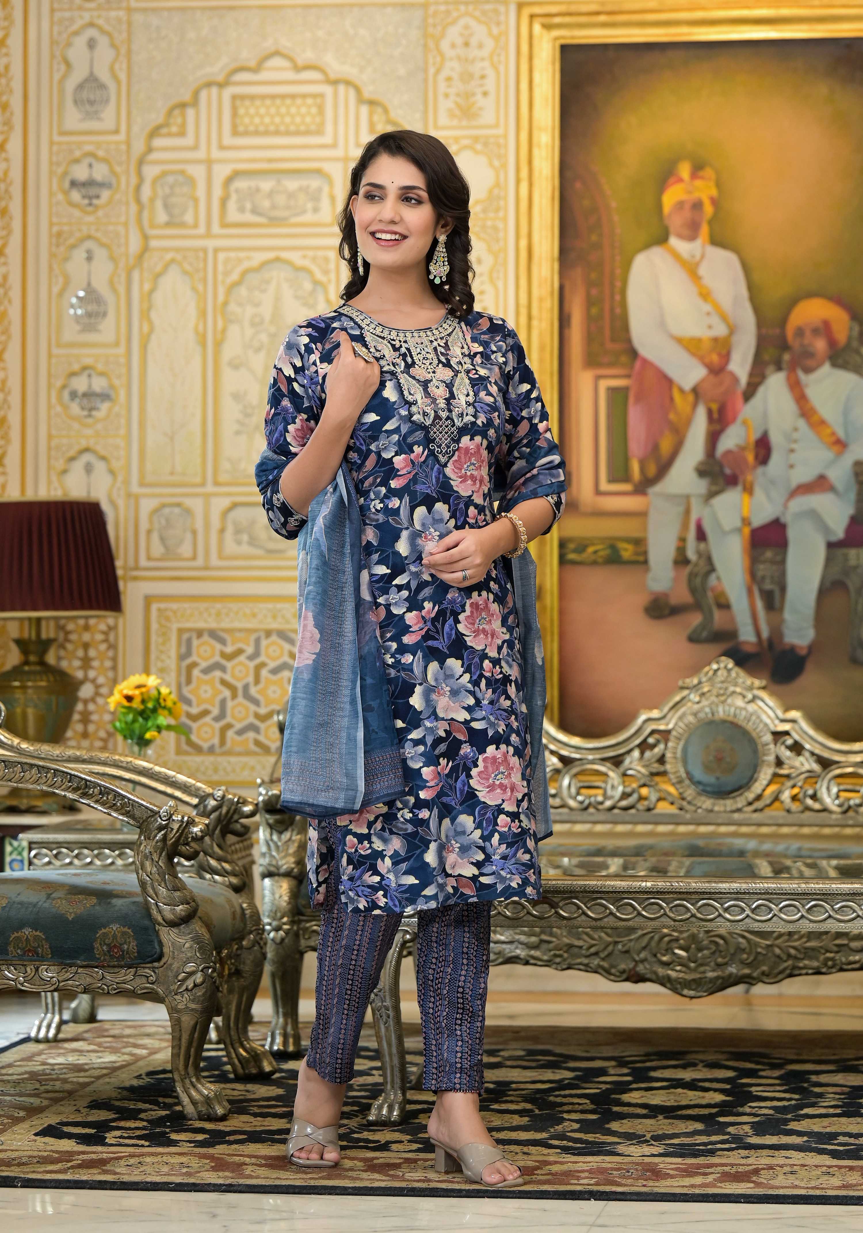 Applique Embroidered & Floral Printed Kurta With Pant & Printed Dupatta, Navy Blue - Hiral Fashion - Distacart