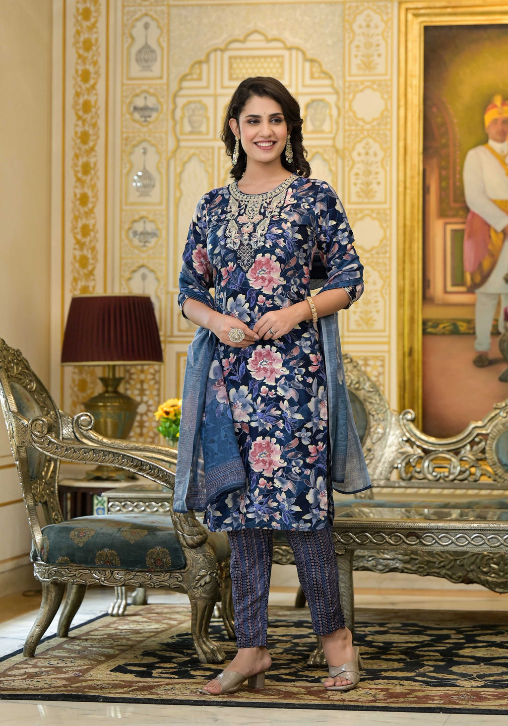 Applique Embroidered & Floral Printed Kurta With Pant & Printed Dupatta, Navy Blue - Hiral Fashion - Distacart