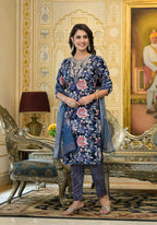 Applique Embroidered & Floral Printed Kurta With Pant & Printed Dupatta, Navy Blue - Hiral Fashion - Distacart