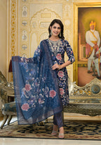 Applique Embroidered & Floral Printed Kurta With Pant & Printed Dupatta, Navy Blue - Hiral Fashion - Distacart
