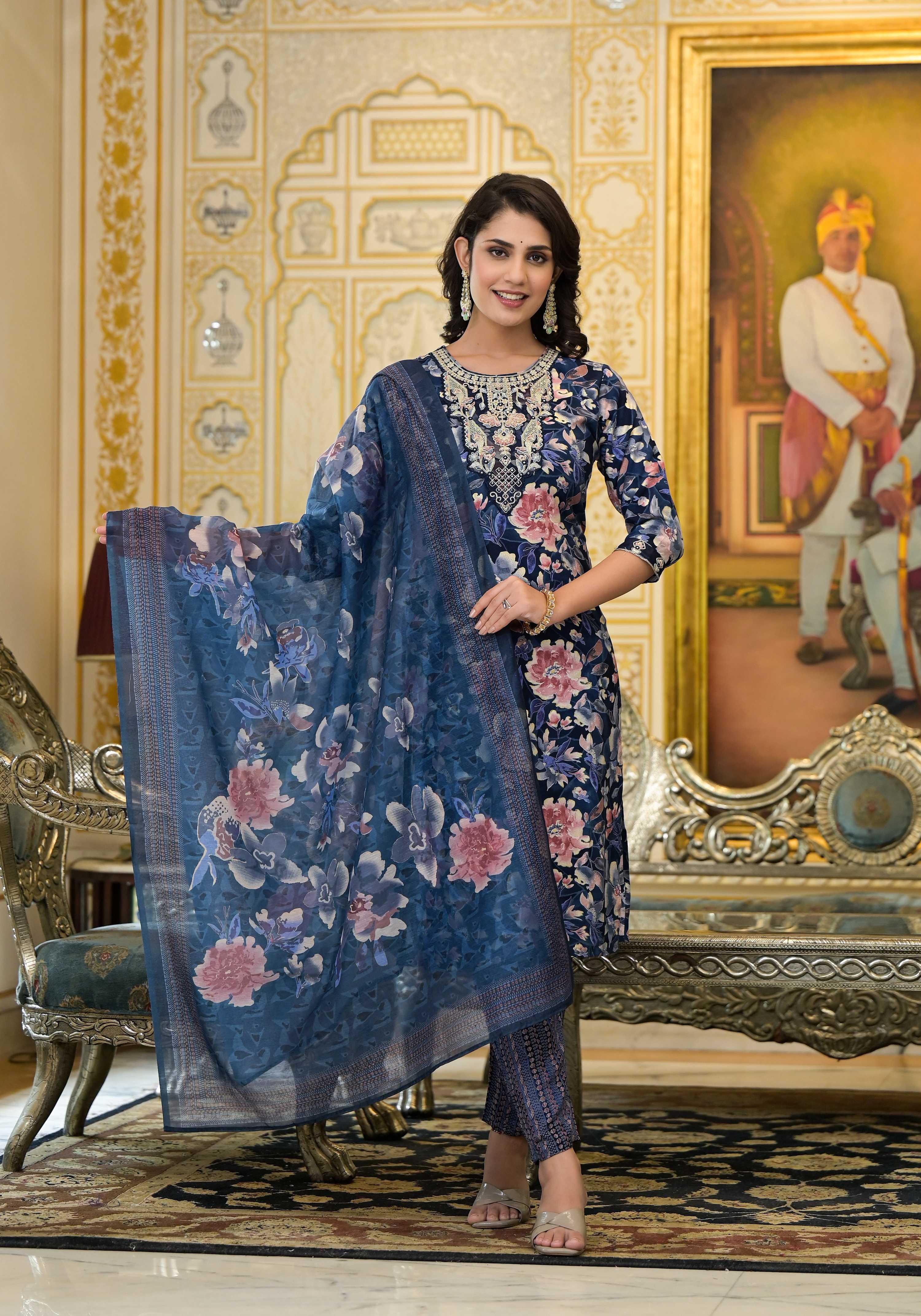 Applique Embroidered & Floral Printed Kurta With Pant & Printed Dupatta, Navy Blue - Hiral Fashion - Distacart