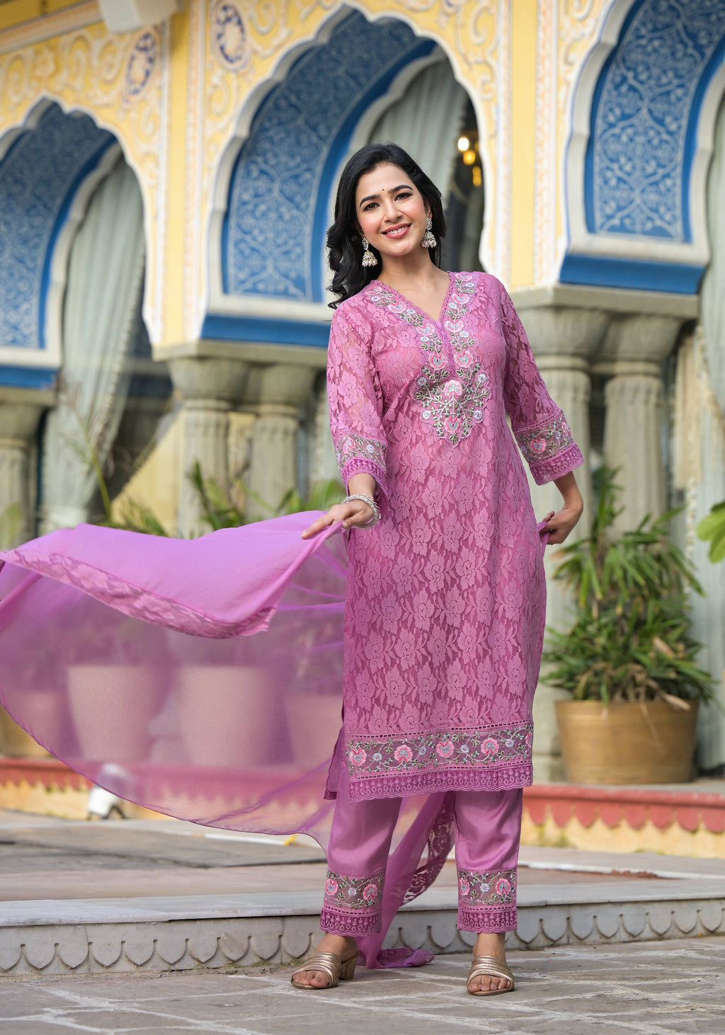 Embroidered Applique Net Kurta With Pant & Lace Dupatta, Lavender - Hiral Fashion