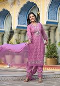 Embroidered Applique Net Kurta With Pant & Lace Dupatta, Lavender - Hiral Fashion