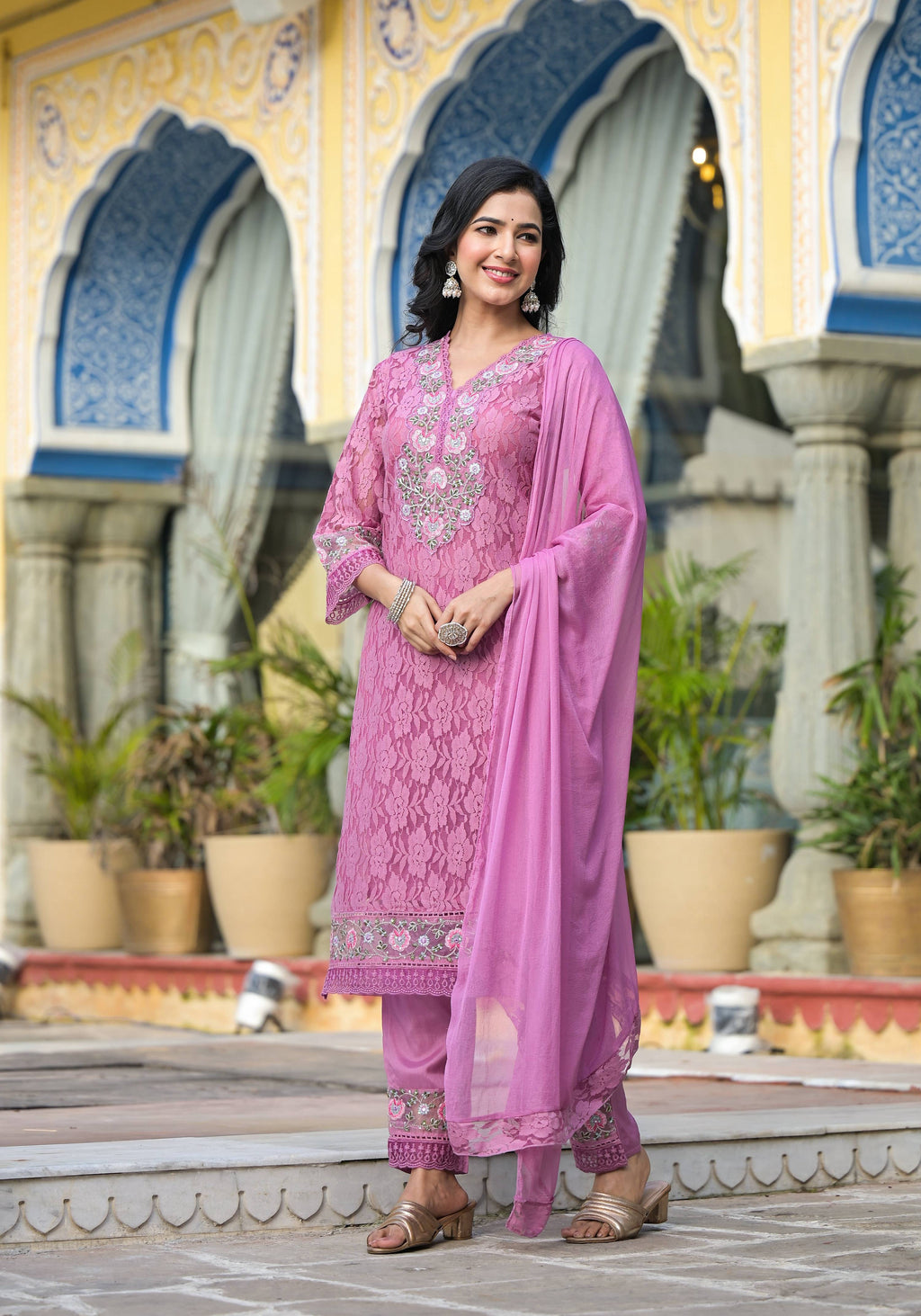 Embroidered Applique Net Kurta With Pant & Lace Dupatta, Lavender - Hiral Fashion