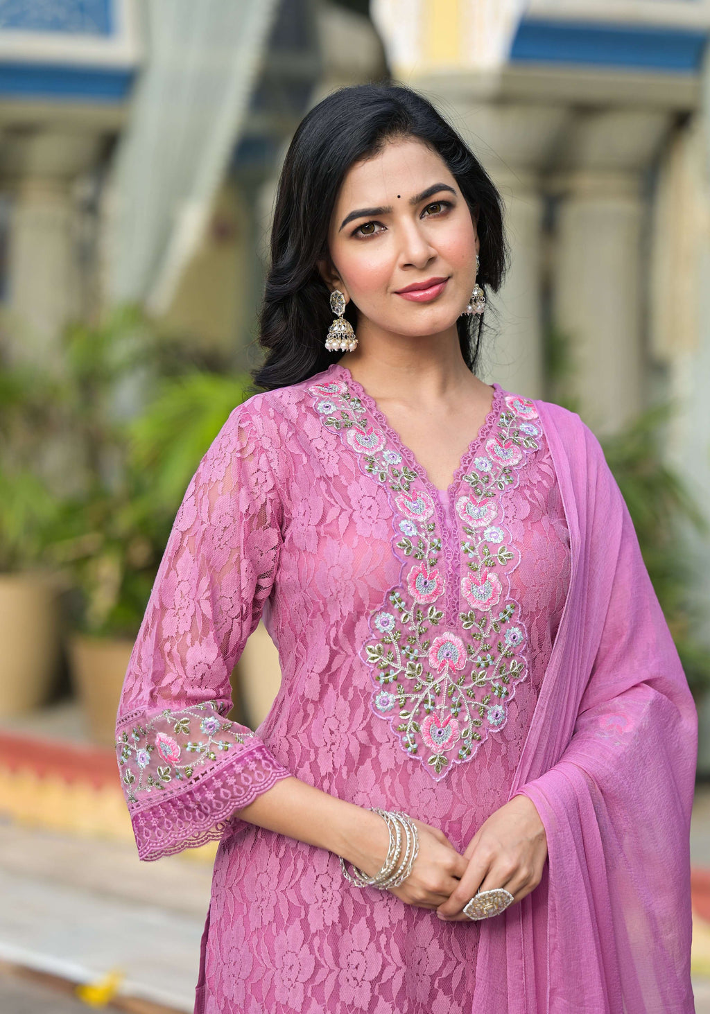 Embroidered Applique Net Kurta With Pant & Lace Dupatta, Lavender - Hiral Fashion