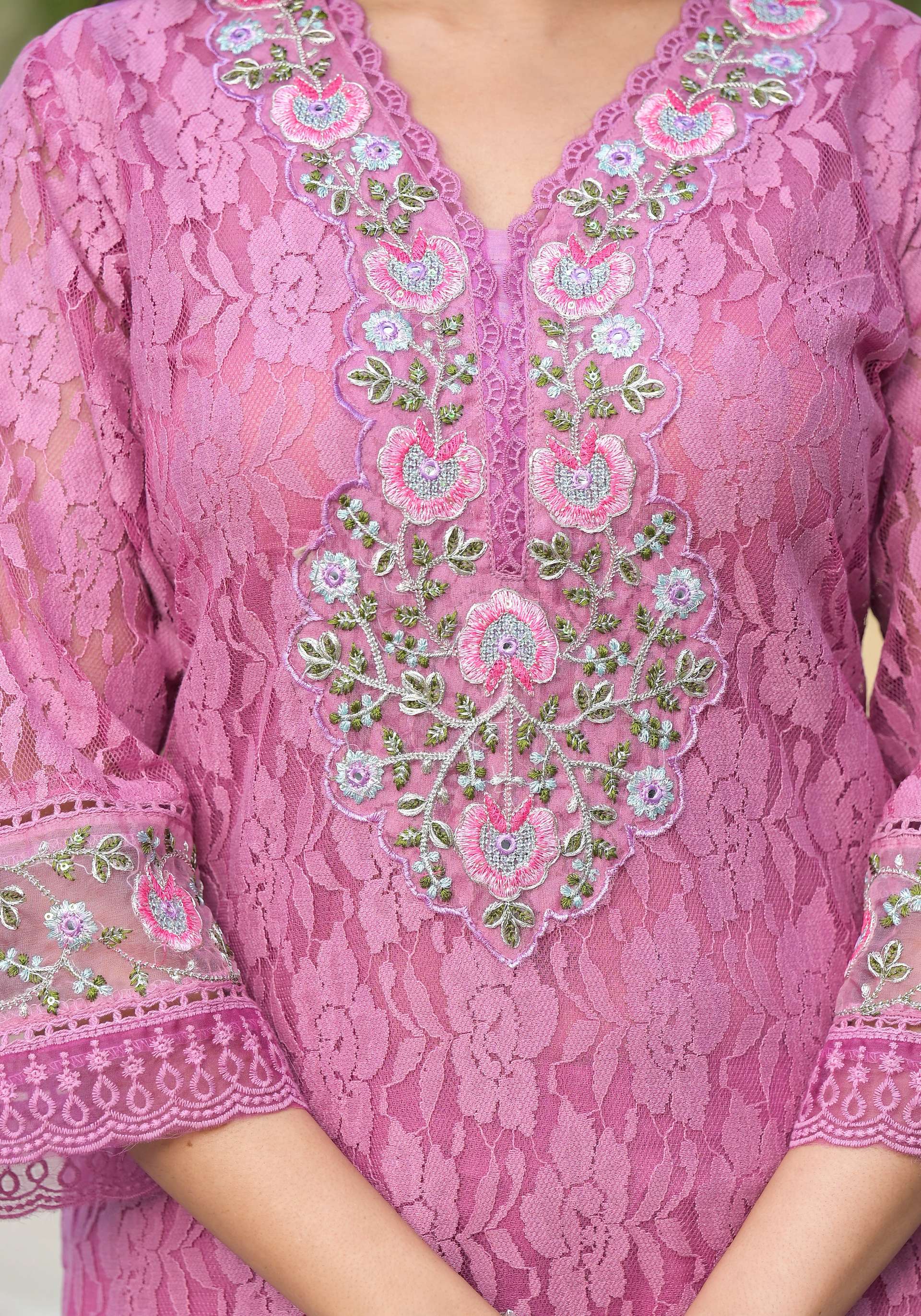 Embroidered Applique Net Kurta With Pant & Lace Dupatta, Lavender - Hiral Fashion
