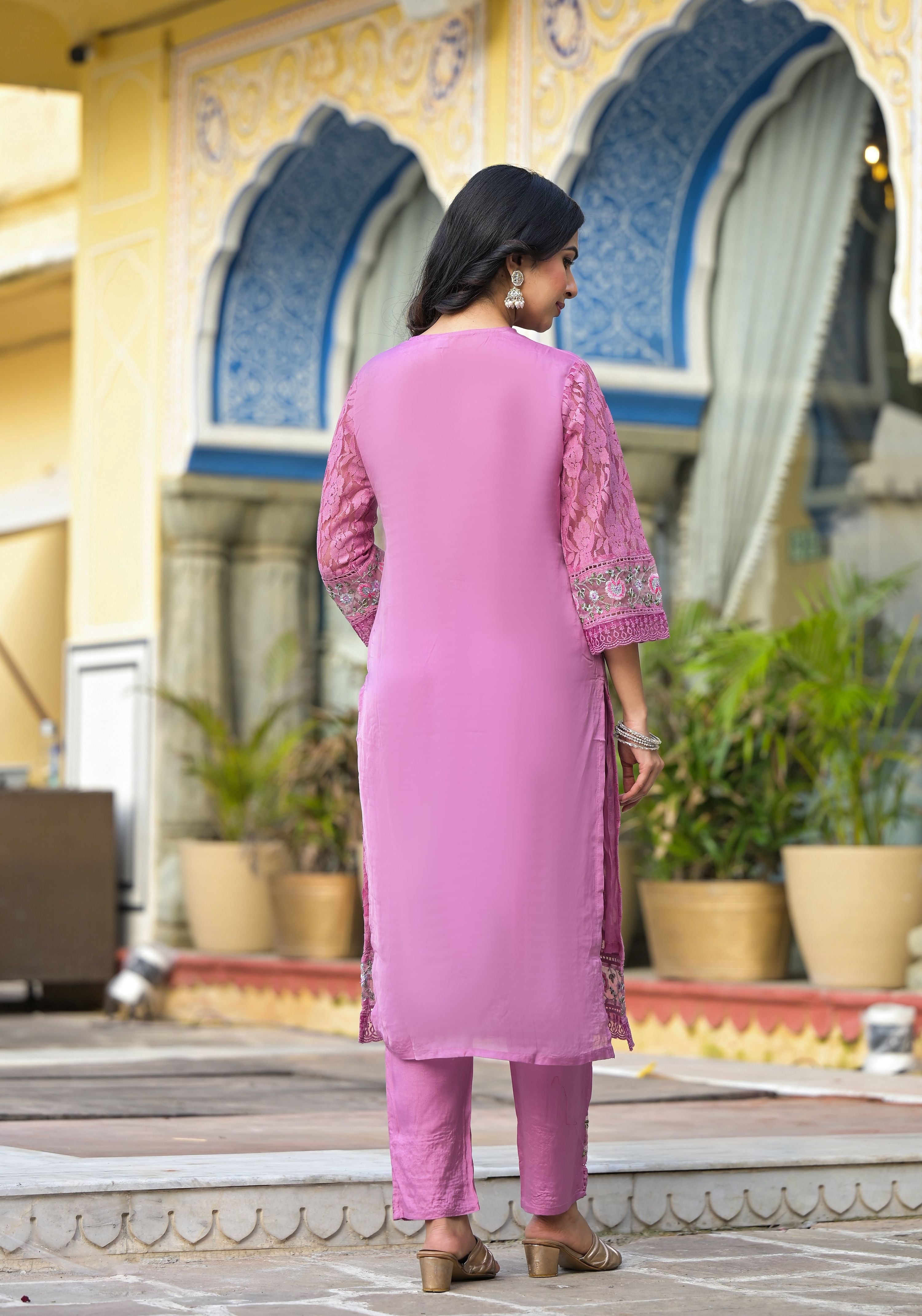 Embroidered Applique Net Kurta With Pant & Lace Dupatta, Lavender - Hiral Fashion