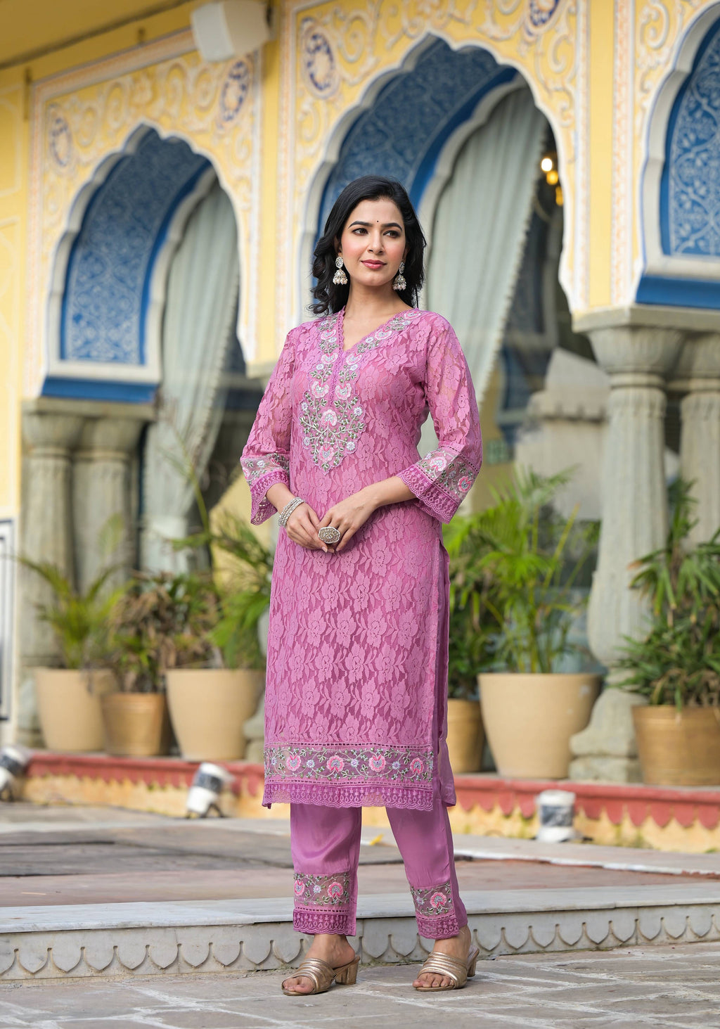 Embroidered Applique Net Kurta With Pant & Lace Dupatta, Lavender - Hiral Fashion