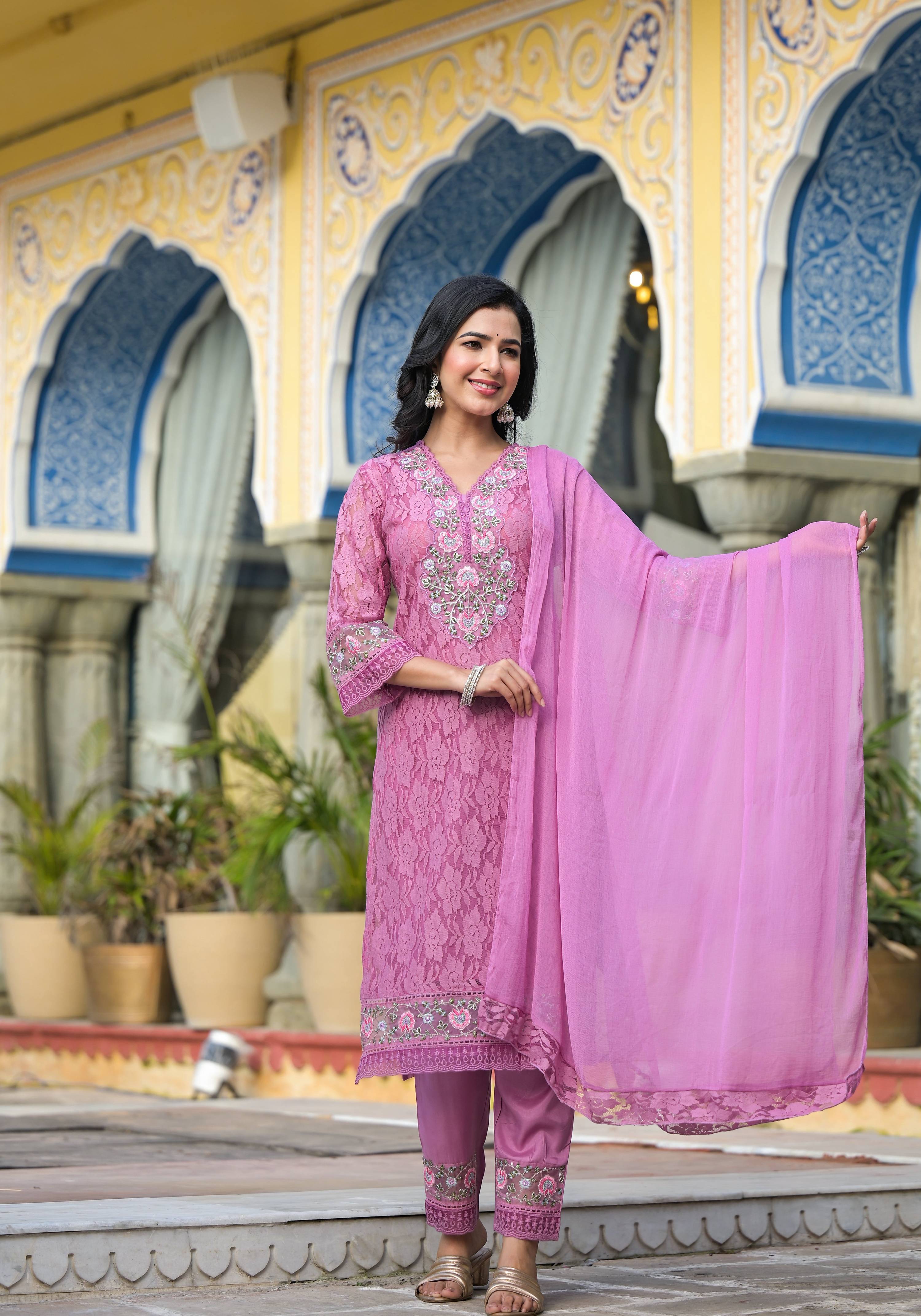 Embroidered Applique Net Kurta With Pant & Lace Dupatta, Lavender - Hiral Fashion