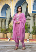 Embroidered Applique Net Kurta With Pant & Lace Dupatta, Lavender - Hiral Fashion