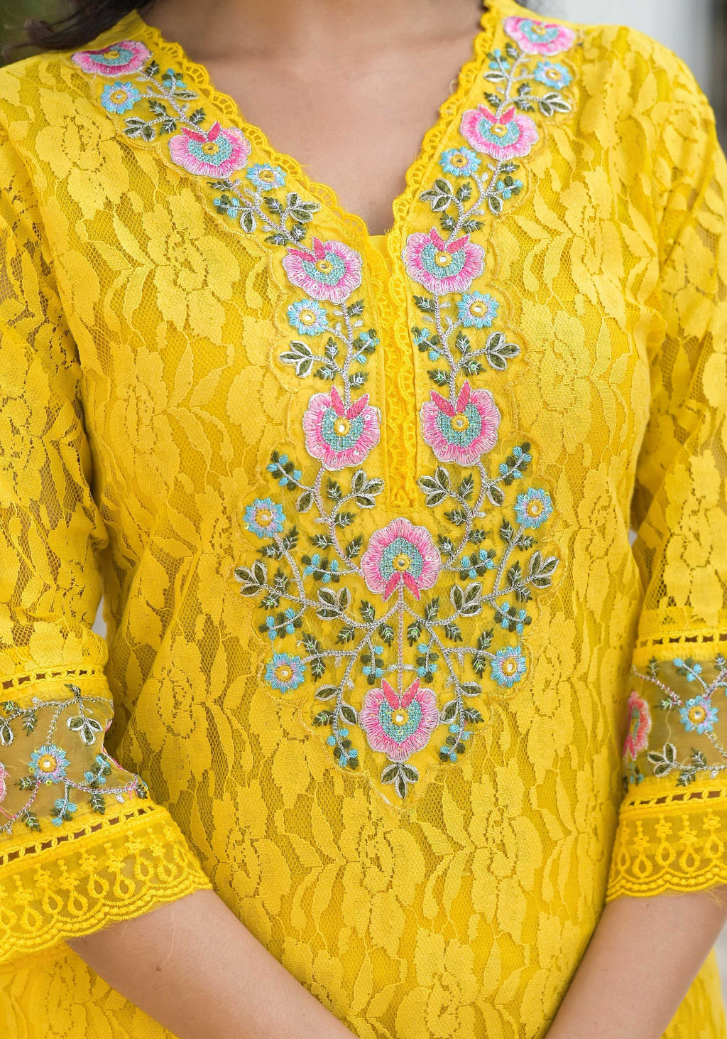 Embroidered Applique Net Kurta With Pant & Lace Dupatta, Yellow - Hiral Fashion
