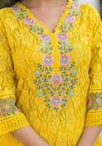 Embroidered Applique Net Kurta With Pant & Lace Dupatta, Yellow - Hiral Fashion