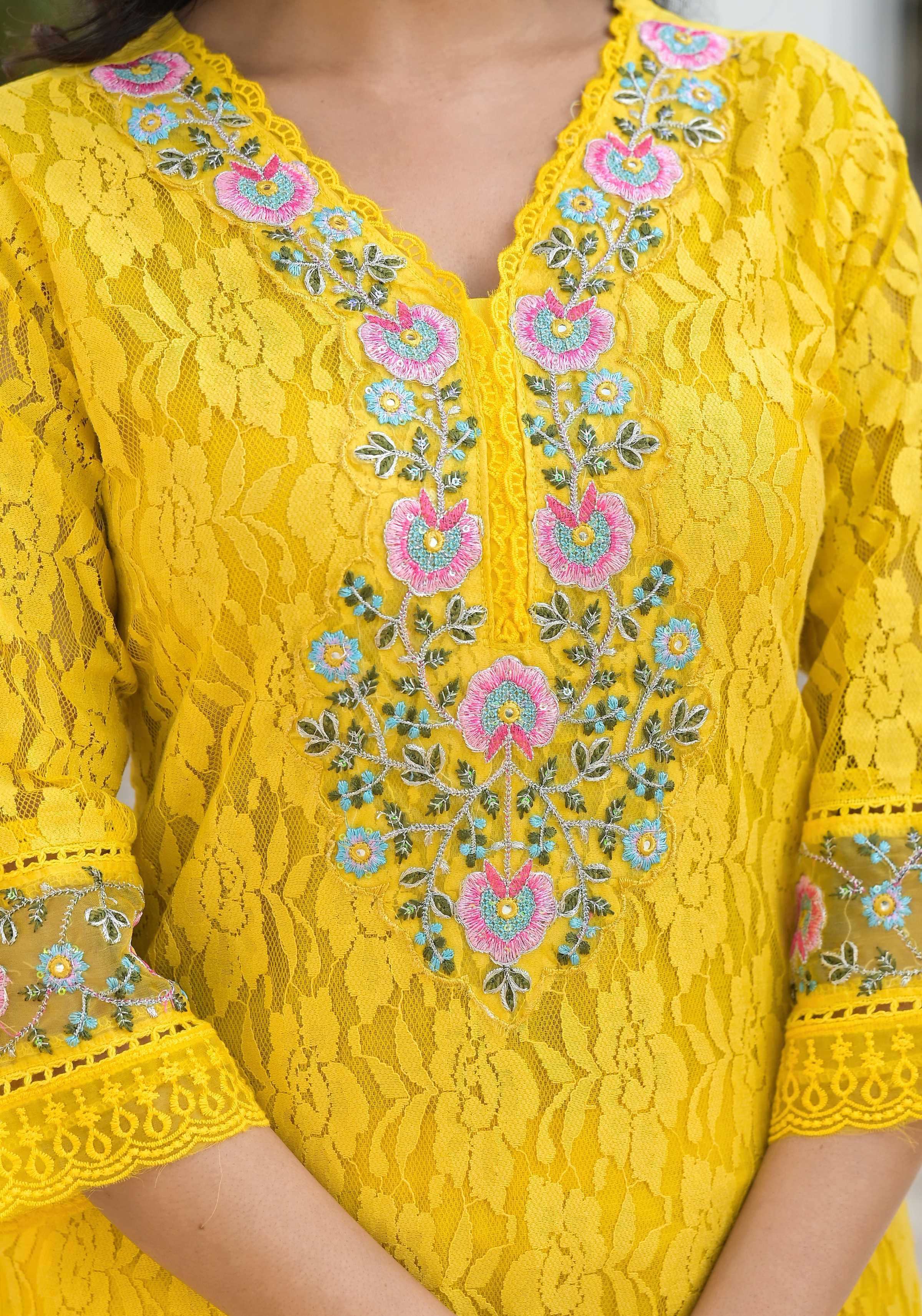 Embroidered Applique Net Kurta With Pant & Lace Dupatta, Yellow - Hiral Fashion
