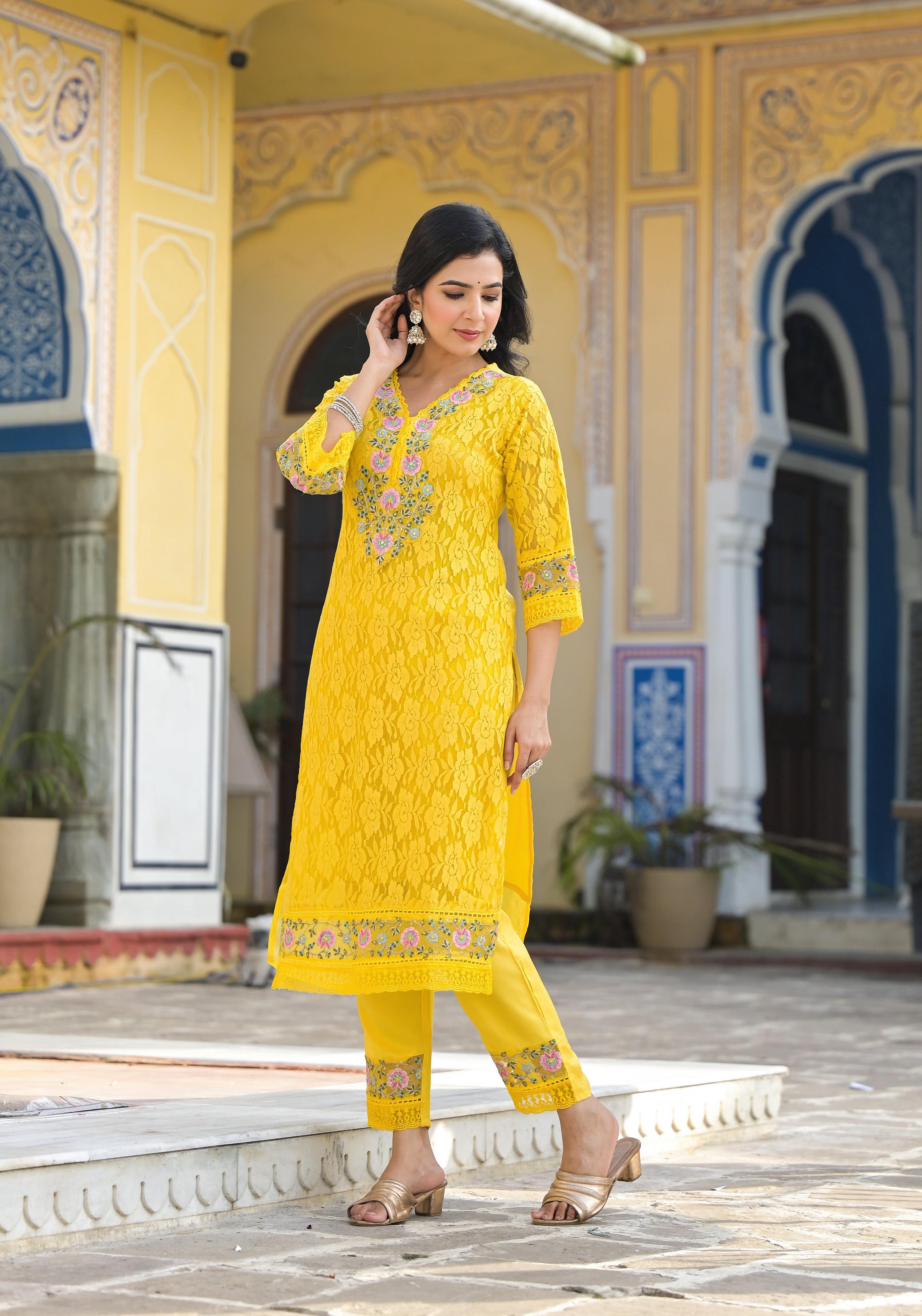 Embroidered Applique Net Kurta With Pant & Lace Dupatta, Yellow - Hiral Fashion