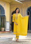 Embroidered Applique Net Kurta With Pant & Lace Dupatta, Yellow - Hiral Fashion