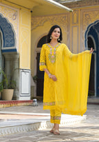 Embroidered Applique Net Kurta With Pant & Lace Dupatta, Yellow - Hiral Fashion