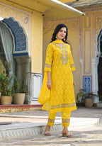 Embroidered Applique Net Kurta With Pant & Lace Dupatta, Yellow - Hiral Fashion