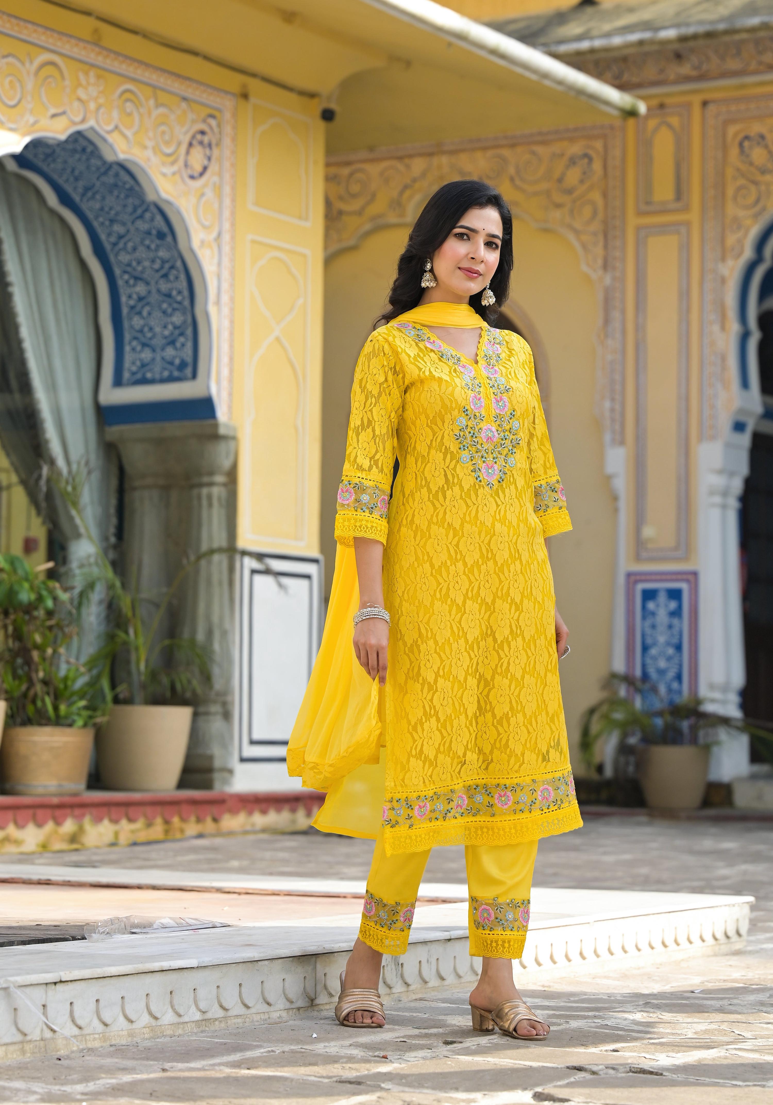 Embroidered Applique Net Kurta With Pant & Lace Dupatta, Yellow - Hiral Fashion