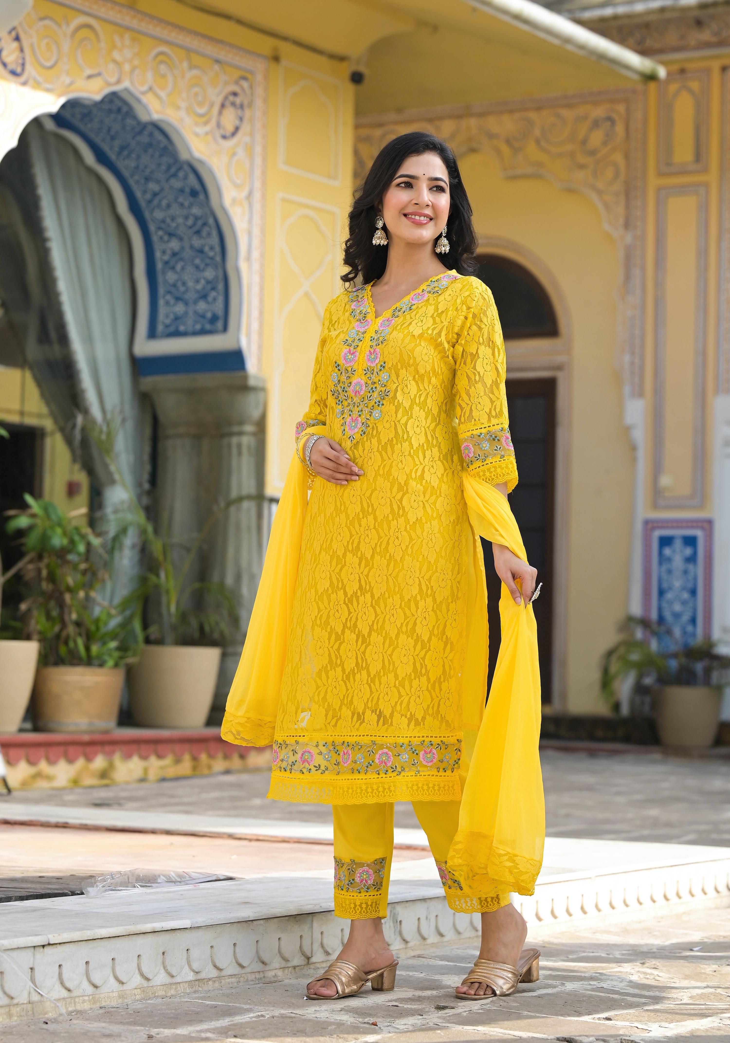 Embroidered Applique Net Kurta With Pant & Lace Dupatta, Yellow - Hiral Fashion