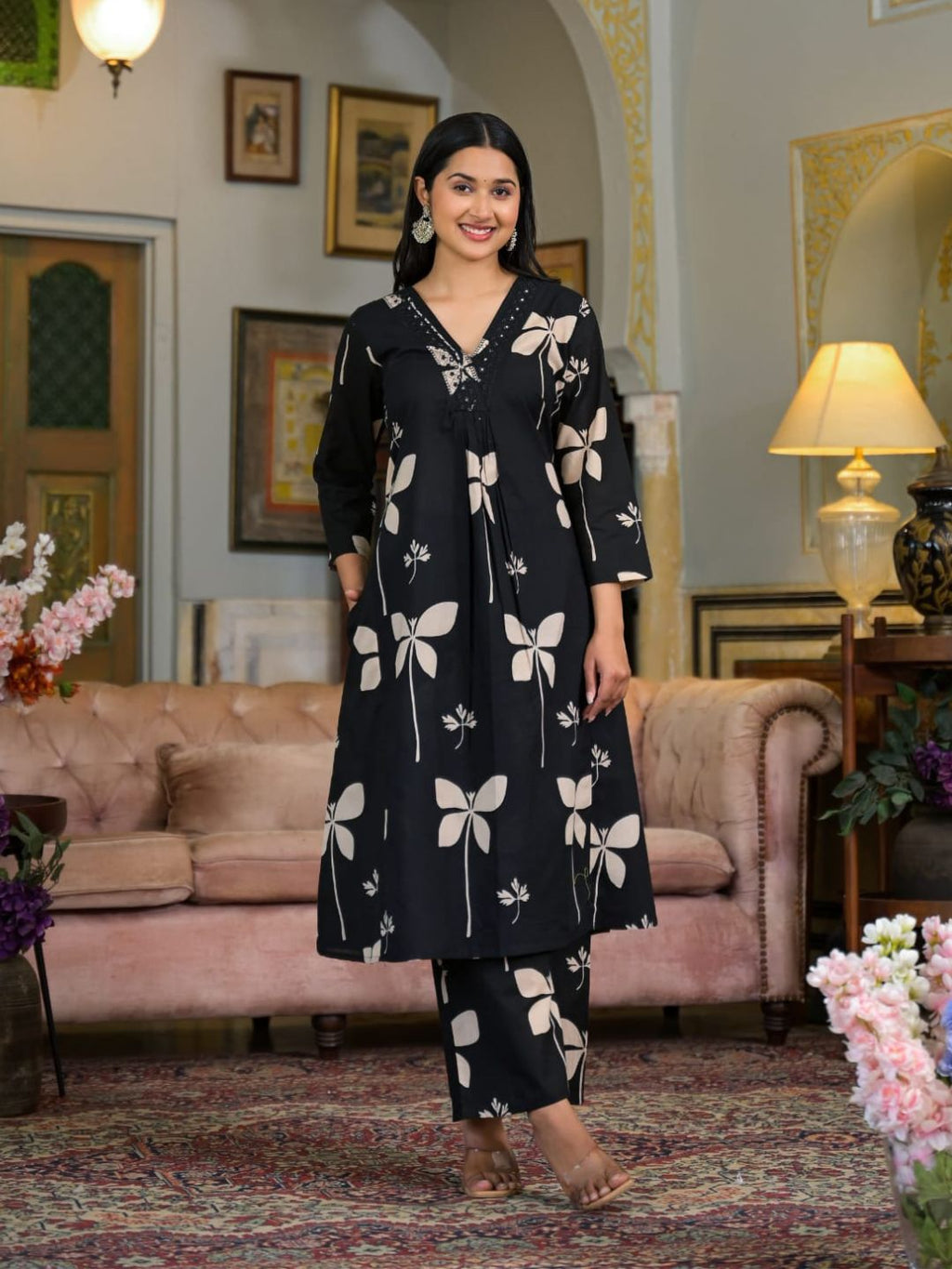 Floral Printed & Neckline Embroidered Kurta With Palazzo, Black - Hiral Fashion - Distacart