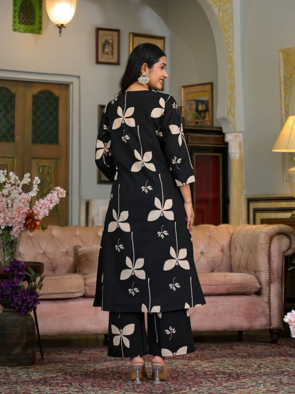 Floral Printed & Neckline Embroidered Kurta With Palazzo, Black - Hiral Fashion - Distacart