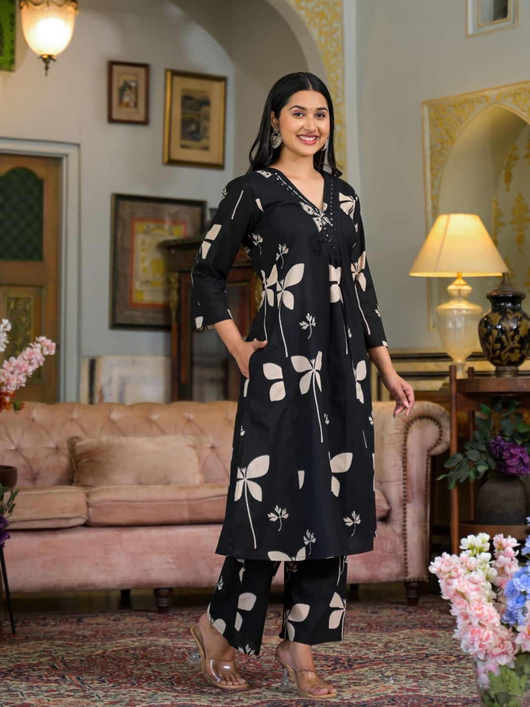 Floral Printed & Neckline Embroidered Kurta With Palazzo, Black - Hiral Fashion - Distacart