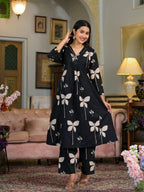 Floral Printed & Neckline Embroidered Kurta With Palazzo, Black - Hiral Fashion - Distacart