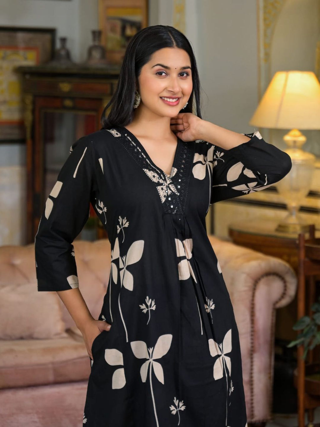 Floral Printed & Neckline Embroidered Kurta With Palazzo, Black - Hiral Fashion - Distacart