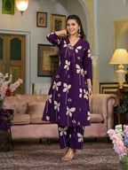 Floral Printed & Neckline Embroidered Kurta With Palazzo, Violet - Hiral Fashion - Distacart