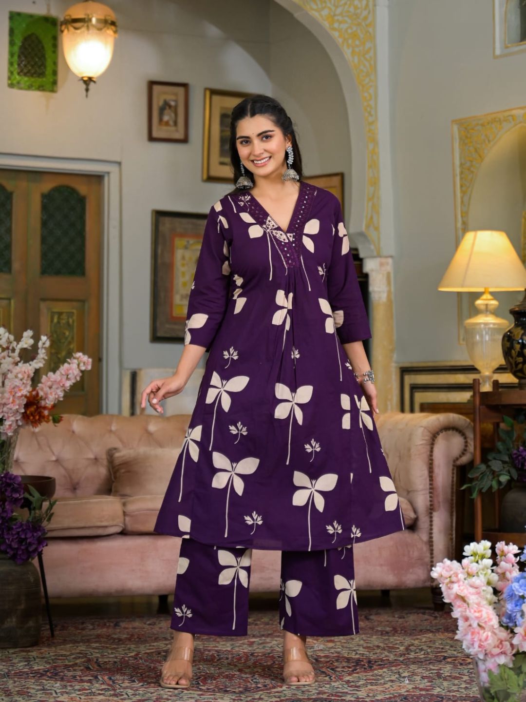 Floral Printed & Neckline Embroidered Kurta With Palazzo, Violet - Hiral Fashion - Distacart