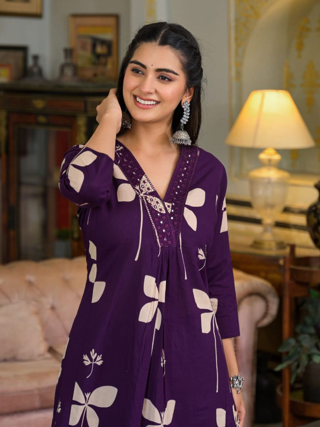 Floral Printed & Neckline Embroidered Kurta With Palazzo, Violet - Hiral Fashion - Distacart