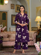 Floral Printed & Neckline Embroidered Kurta With Palazzo, Violet - Hiral Fashion - Distacart