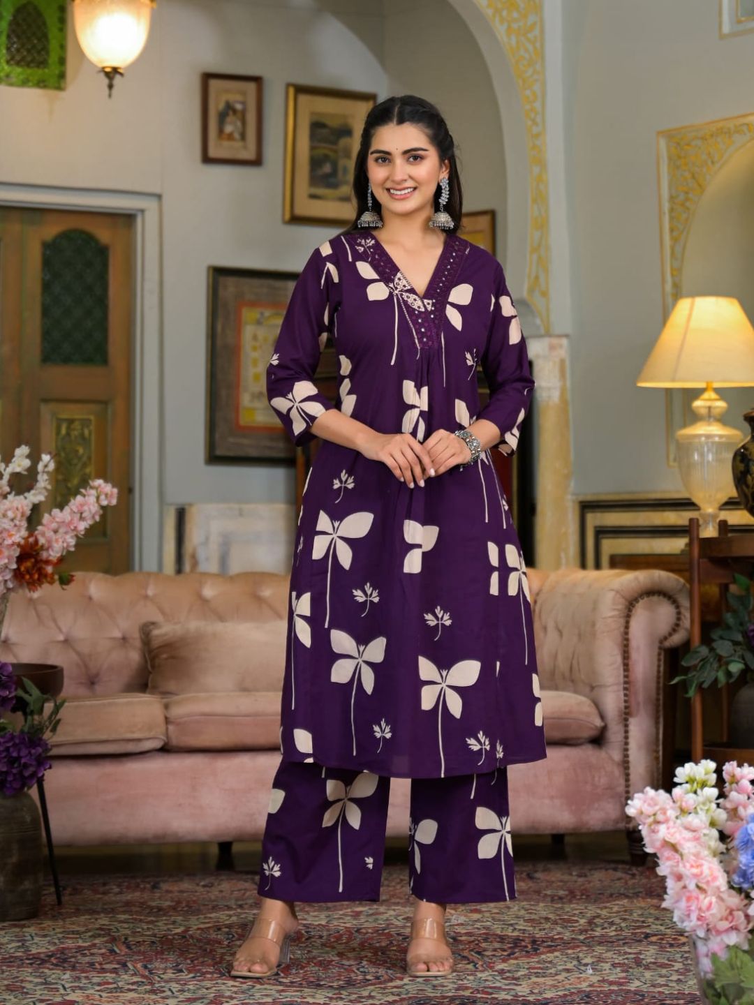 Floral Printed & Neckline Embroidered Kurta With Palazzo, Violet - Hiral Fashion - Distacart