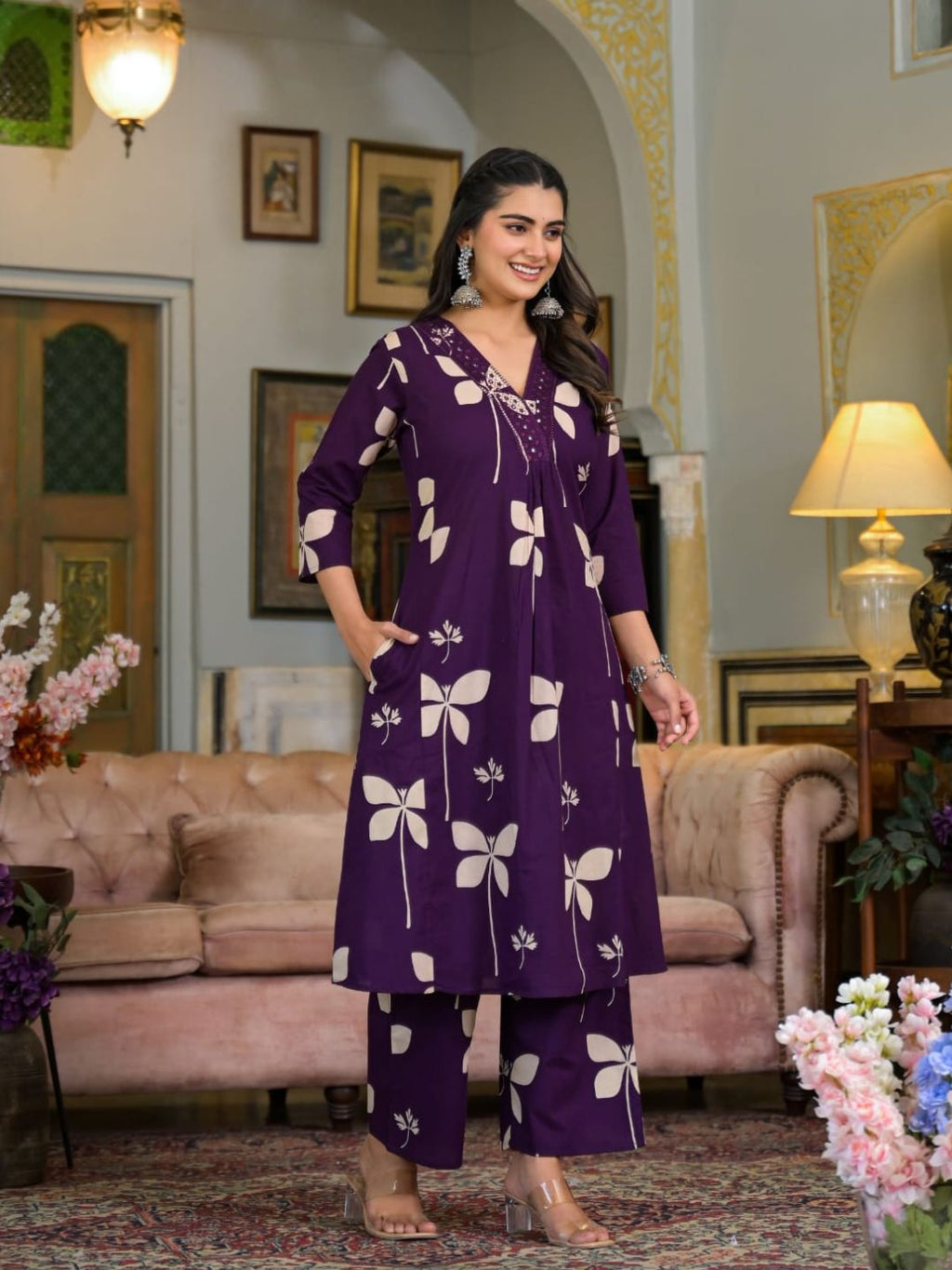 Floral Printed & Neckline Embroidered Kurta With Palazzo, Violet - Hiral Fashion - Distacart