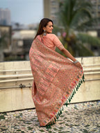 Peach Pashmina Silk Wevon Kashmiri Meenakari Designer Saree with Unstitched Blouse - Vandini