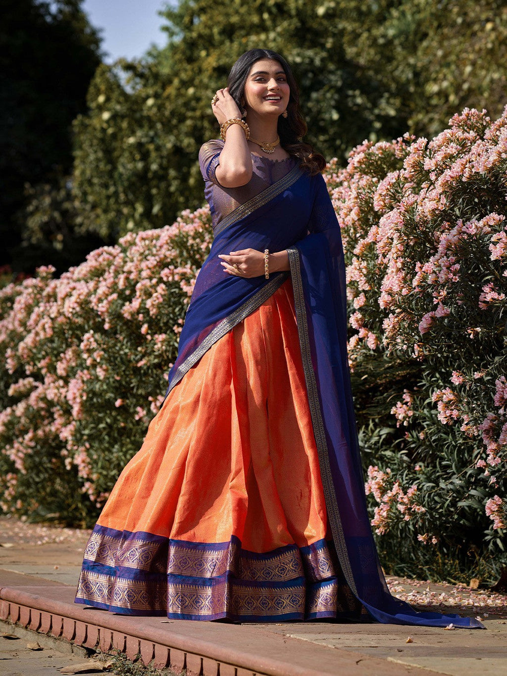 Evanik Women South-Style Kanchipuram Silk Stitched Lehenga With Unstitched Blouse & Dupatta - Distacart