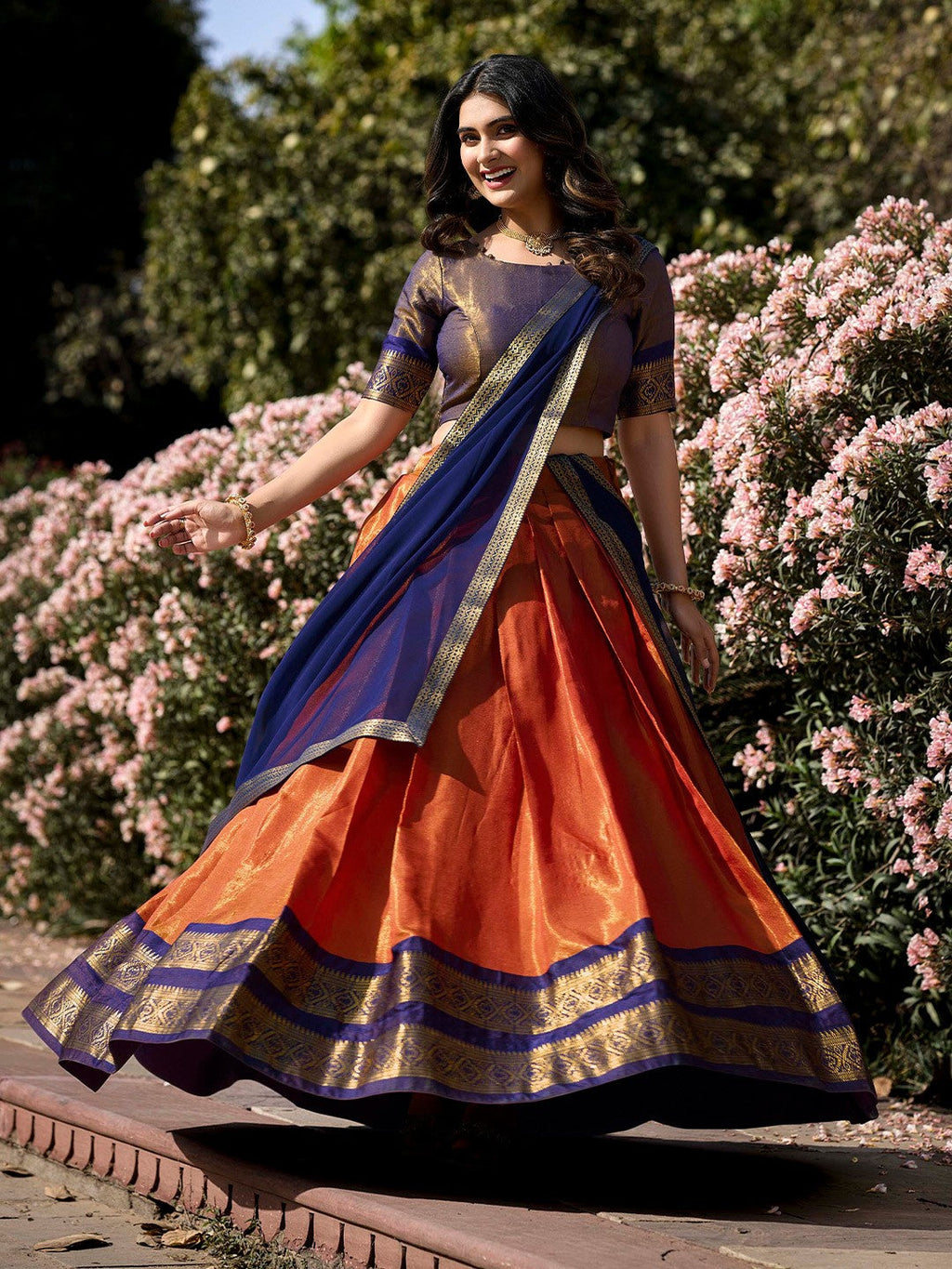 Lorenvalley Orange Kanchipuram Zari Weaving Work Lehenga Choli with Dupatta