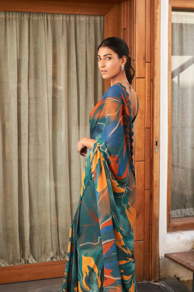 Green Bright Moss Designer Digital Printed Party Wear Saree - Be Verly