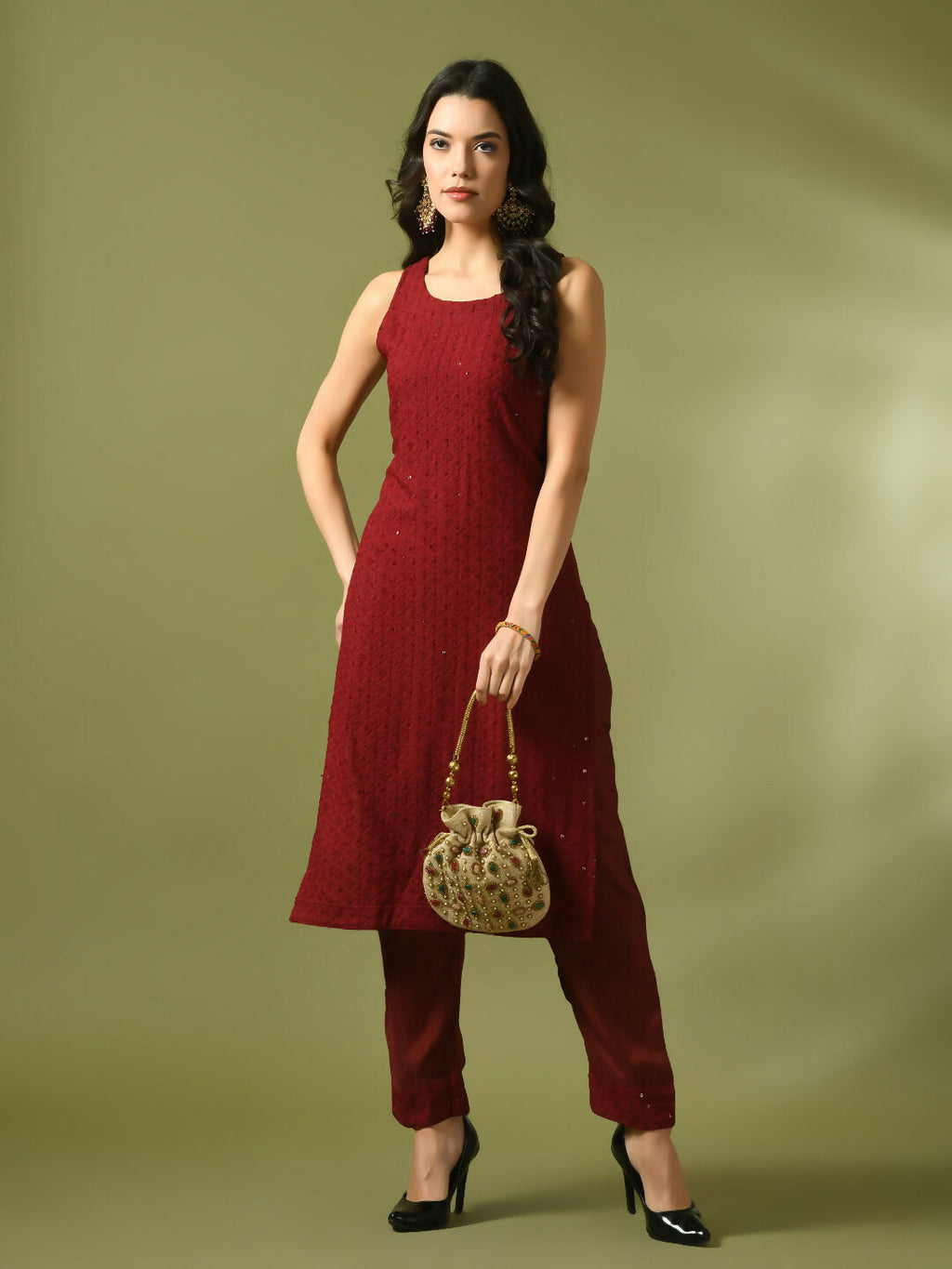 Myshka Women's Maroon Embroidered Cotton Straight Party Kurta Set