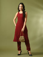 Myshka Women's Maroon Embroidered Cotton Straight Party Kurta Set