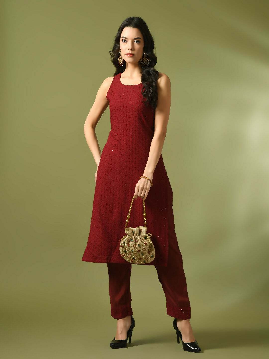 Myshka Women's Maroon Embroidered Cotton Straight Party Kurta Set