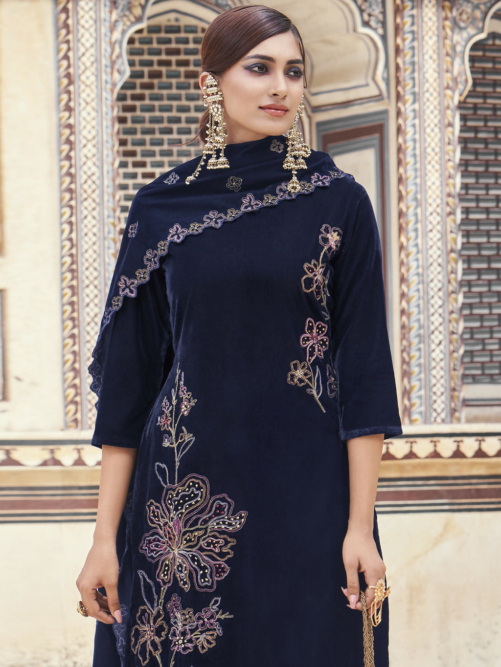 Jyoti Fashion Women's Navy Blue Velvet Resham Thread with Jari & Sequin Kurta with Trouser & Dupatta