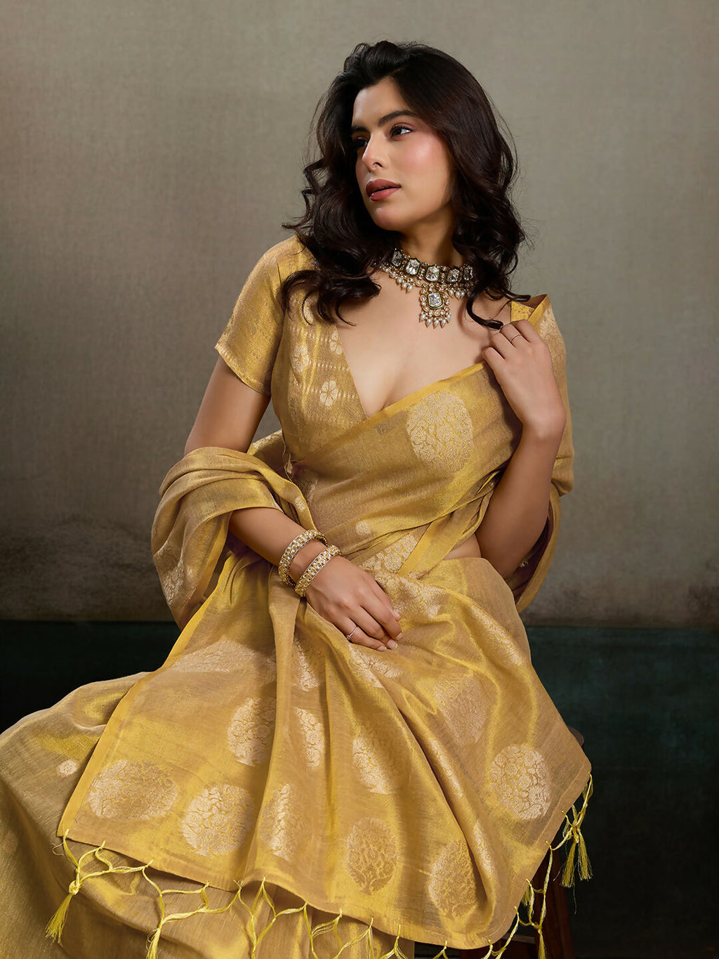 Shree Shyam Fashion Beige Tissue Silk Saree - Distacart
