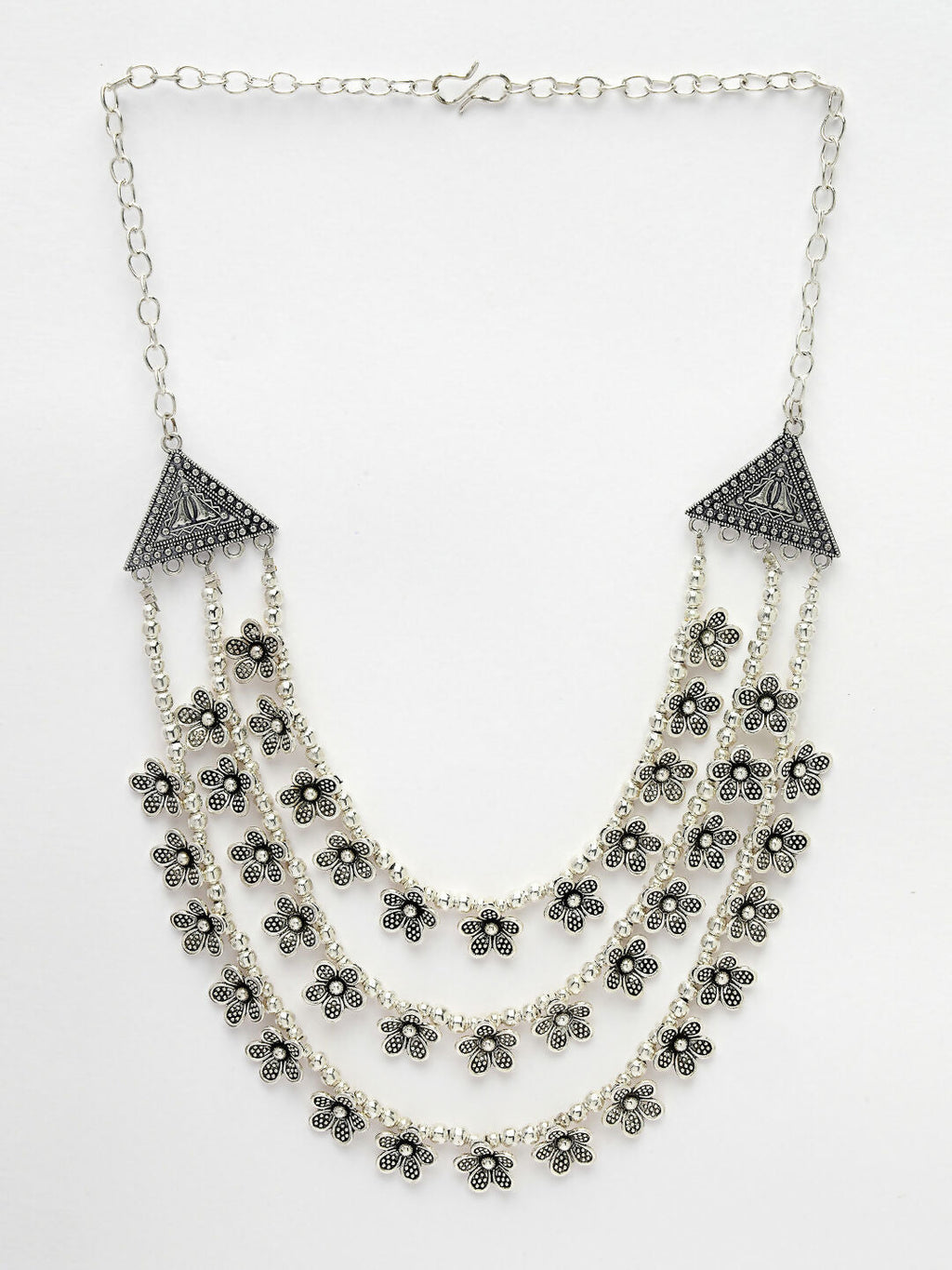 NVR Women's 3 Layered Floral Shape Artificial Beads German Silver Oxidised Necklace