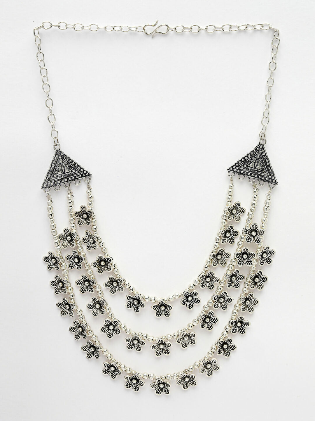NVR Women's 3 Layered Floral Shape Artificial Beads German Silver Oxidised Necklace